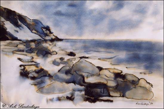 Steilküste auf Hiddensee, Tinte / lavierte Rohrfederzeichnung